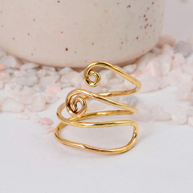 Wide Double-Coil Gold Spiral Ring: Bold, adjustable wire wrap jewelry with opposing scroll ends, perfect as a statement thumb or toe ring.