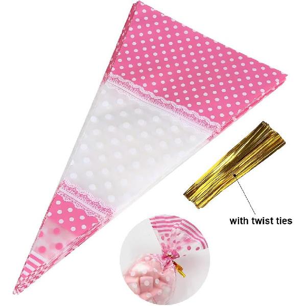FTVOGUE 50 Piece Clear Cone-Shaped Treat Popcorn Bags Treat Bags Cellophane Candy Bags with Twist Ties(Pink)
