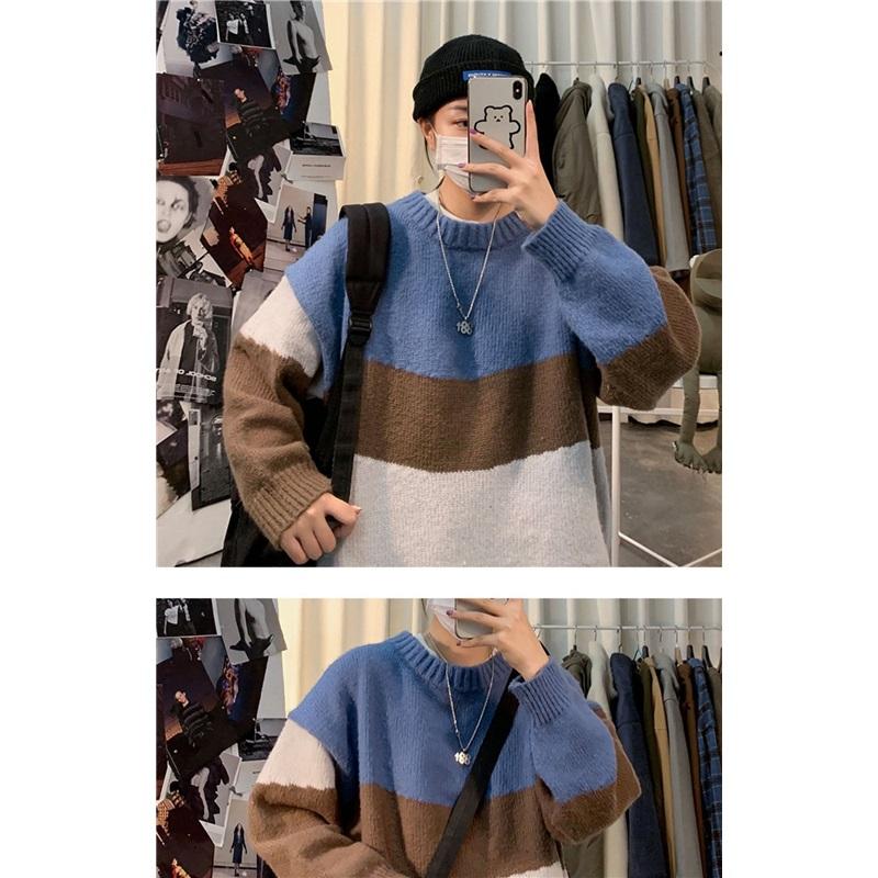  Color Block Crew Neck Sweater Men Loose Fit Casual Knit Pullover Jumper