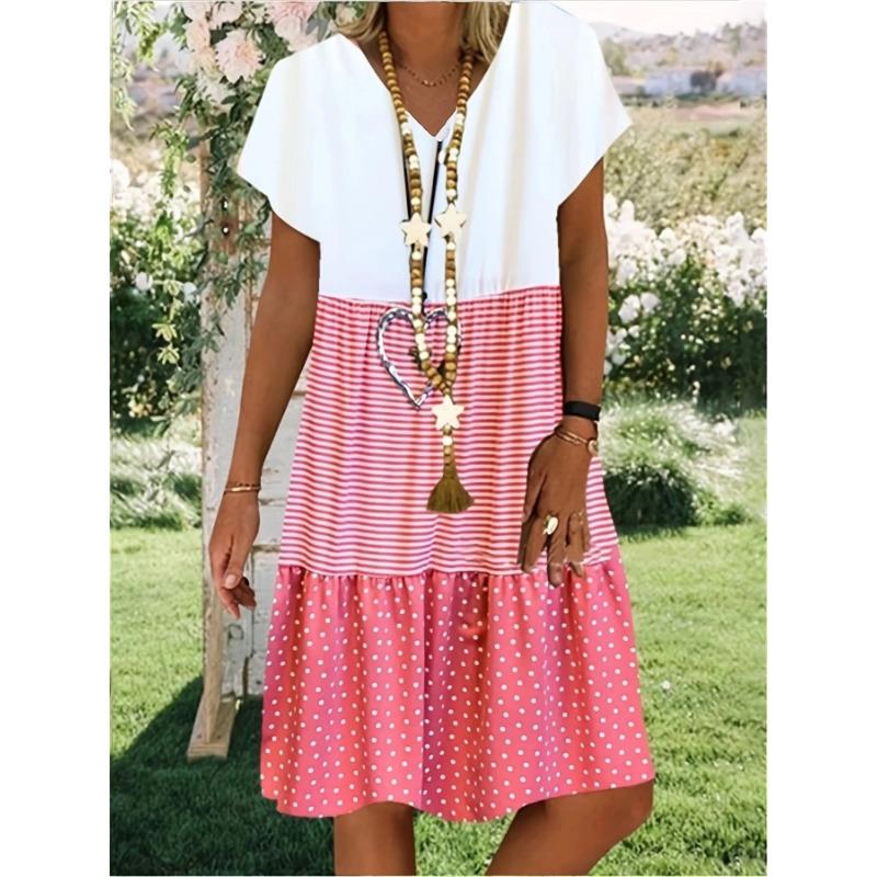 Summer-Essential V-Neck Dress Striped & Polka Dot, Knee-High Casual Tunic for Women