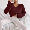 Women's European and American V-neck Solid Color Lantern Sleeve Sweater - Autumn 2023 Collection
