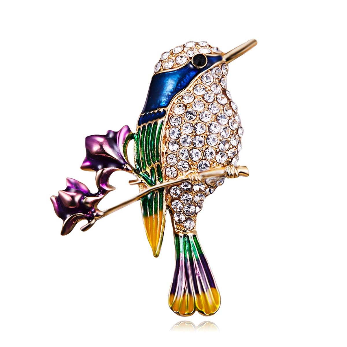 

Luxury Rhinestone Bird Sitting On Flower Branches Brooches For Women Men Exquisite Purple Floral Hummingbird Animal Pins Jewelry