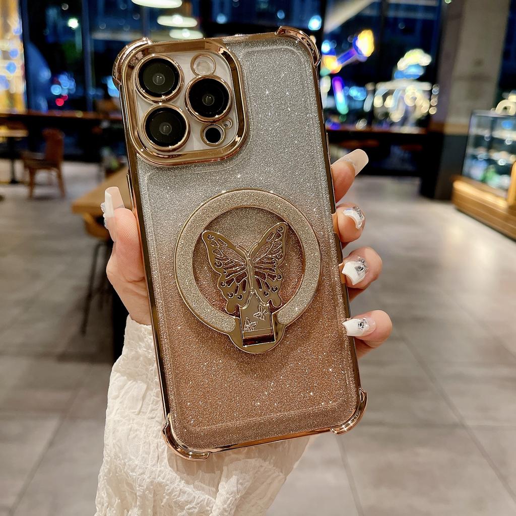 Applicable To Apple 16 Butterfly Flash Powder Stand Magnetic Snap Case Four Corner Airbag Anti-fall IPhone 15 Protective Case 13