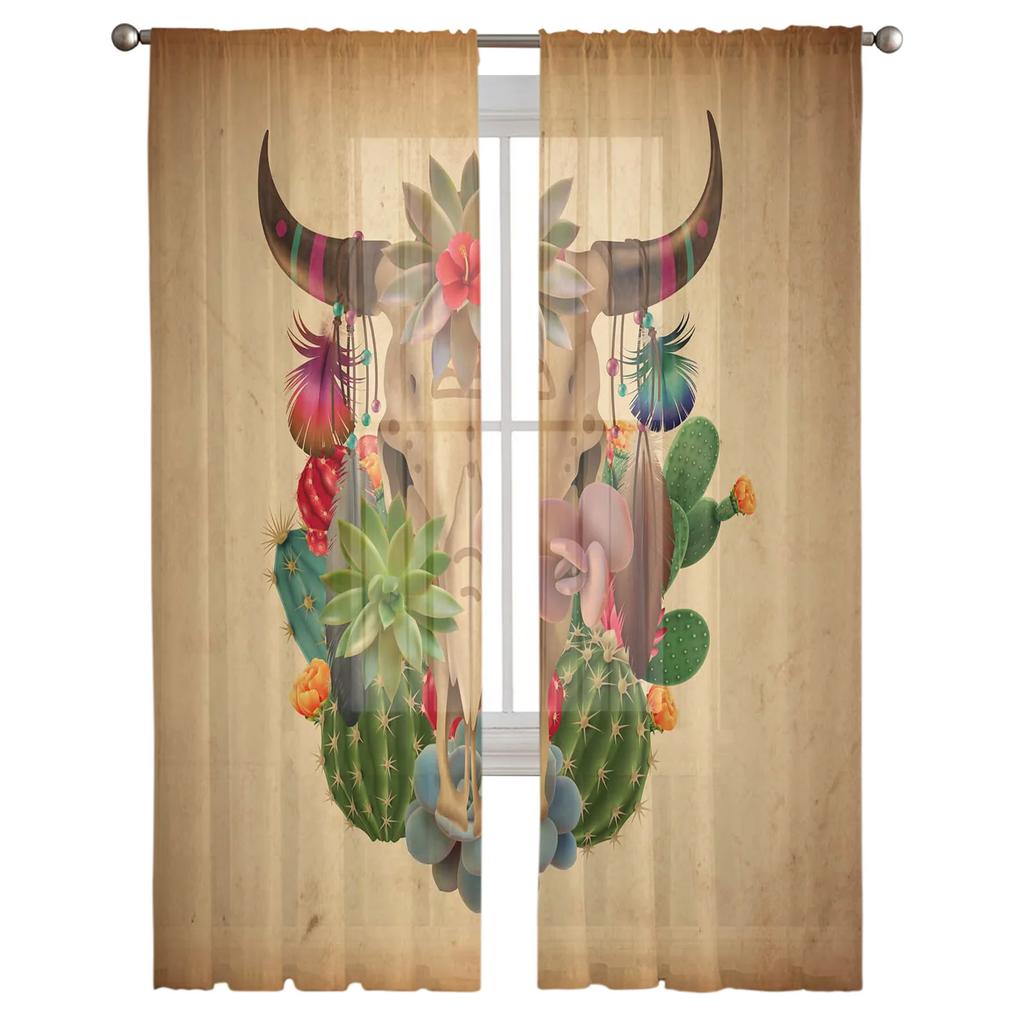 Summer Cactus Cow Skull Retro Chiffon Curtains Living Room Bedroom Home Decoration Window Voiles Tulle Curtain Sheer Made Of Polyester Area Decor