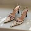 2025 New Women's Sandals High Heel Leopard Print Lace Pointed Toe Bow Heels Women Dress Sexy Designer Style Zapatillas De Mujer
