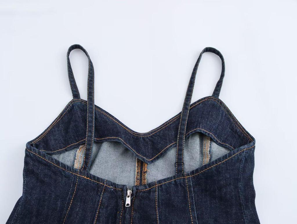 Spring 2025 Women's European & American Style Sexy V-Neck Spaghetti Strap Wave Hem Denim Jacket Top