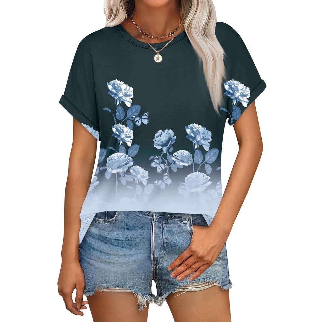 Women's Casual Fashion Round Neck Rolled Hem Short Sleeve Floral Top