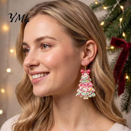 Christmas Jewelry for Women 2D Acrylic Earrings, Colorful Tree Dangle Earrings with Bow Holiday Party Decor, Lightweight Drop Jewelry, Decorations