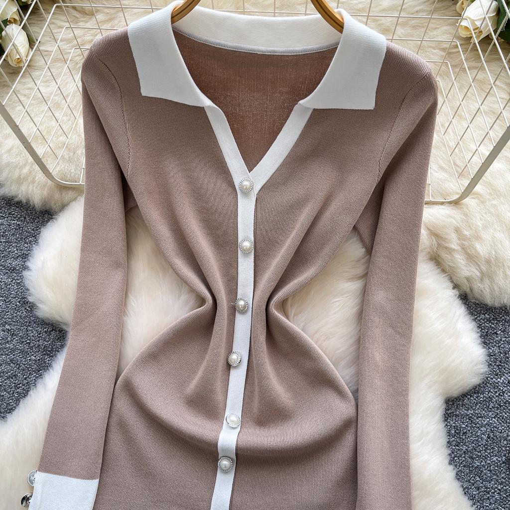 Rochie tricotată elegantă chic cu mânecă lungă și nasturi simpli, Modă coreeană elegantă, Rochie Vestidos, îmbrăcăminte pentru femei