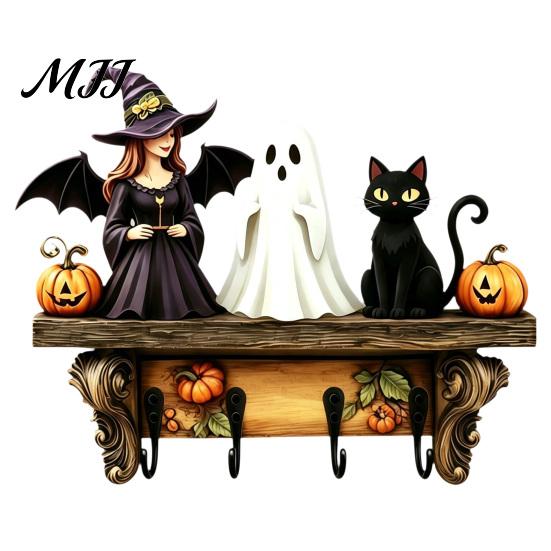 Lightweight Wooden Ghost Decor Halloween Key Holder, Lady Holder with 4 Hooks, Wall Entryway Organizer Rack Mounted Spooky for Hallway Home