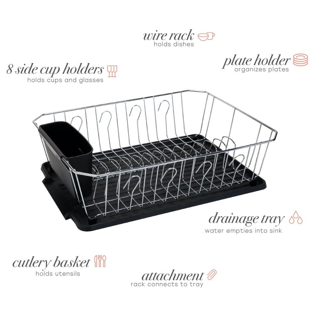 Chrome Dish Rack Set 3 Piece Iron Construction Rust Resistant Dish Drainer with Cutlery Basket and Water Catching Tray