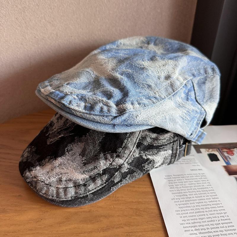 JYL TS DIY Denim Cap Men Japanese Vintage Washed Casual Newsboy Painter Hat Denim