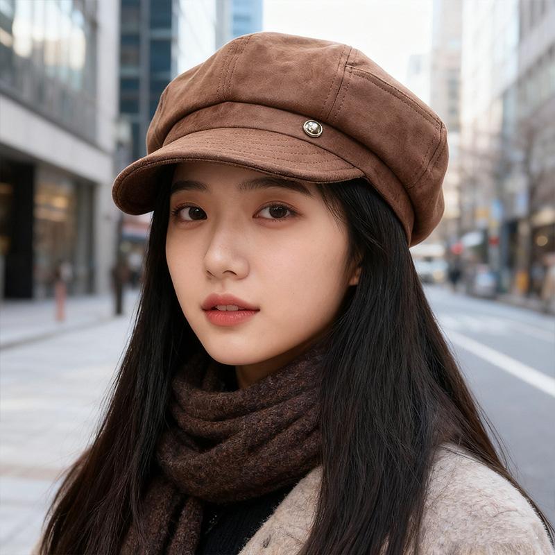 Fashionable Suede Octagonal Hat for Women Autumn and Winter Beret Small Face  Warm  Progressive Hat  Trendy