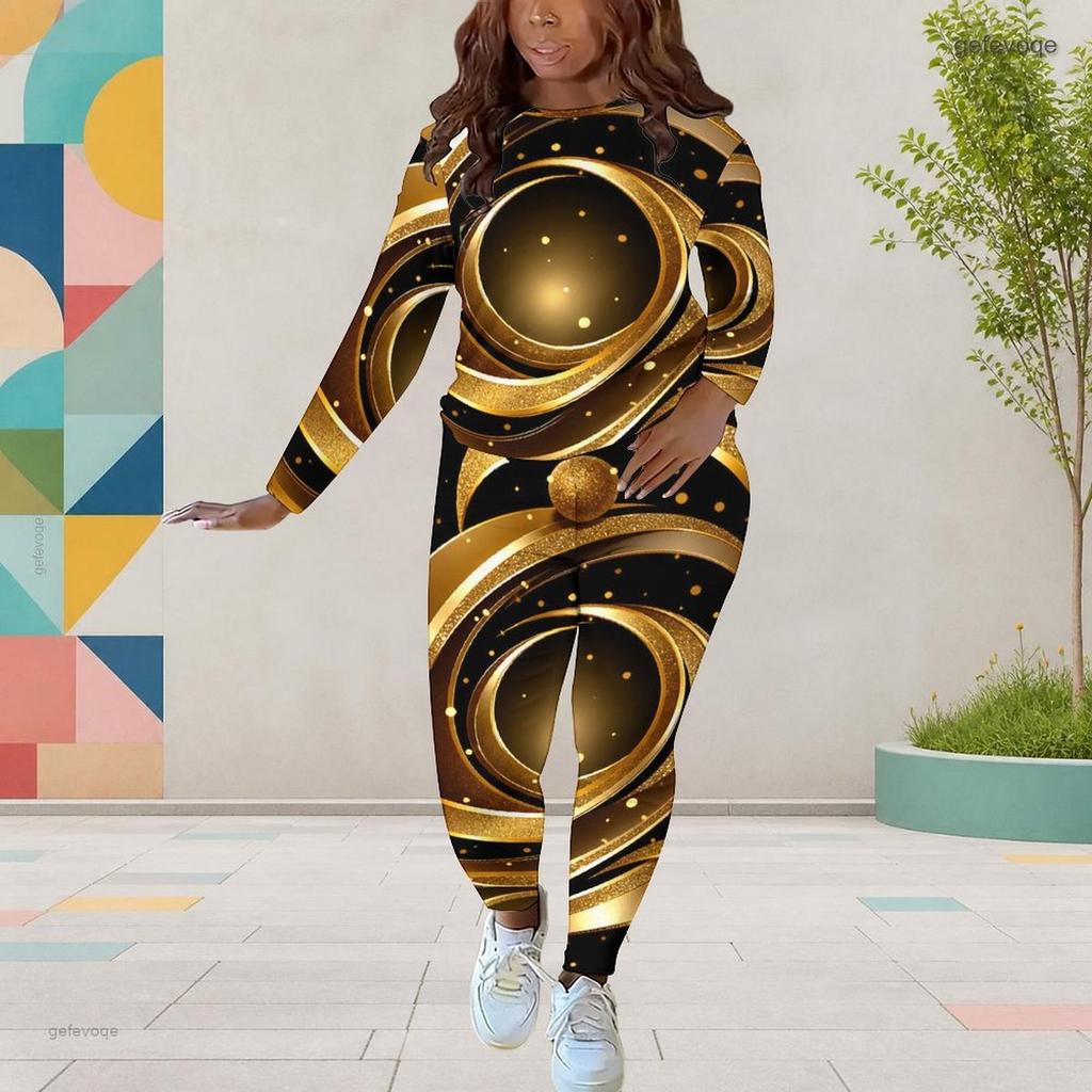 Women Plus Size Black Gold Green Printed Round Neck Long Sleeve Top And Fitted Pants Two Piece Set