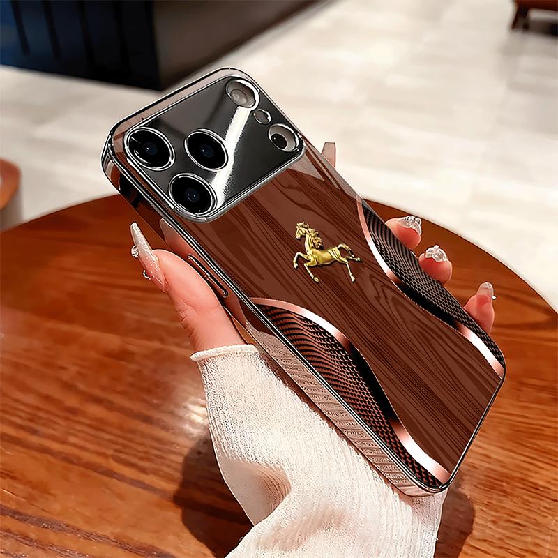 Golden Horse Wood Texture Tempered Glass Phone Case For iPhone 17 16 15 14 13 12 11 Pro Max Plus Air Electroplate Silver Cover