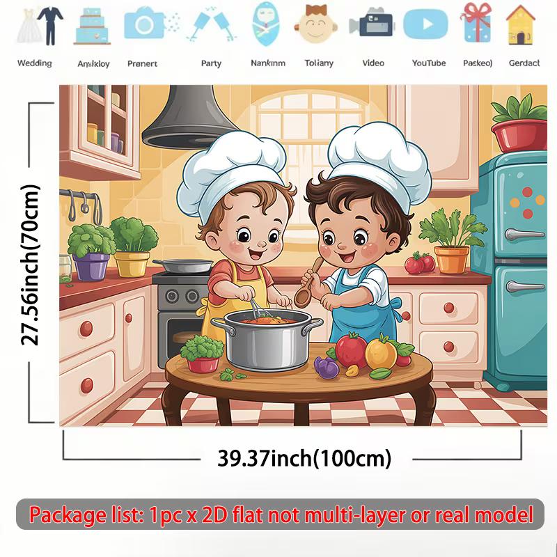 2D Children's Cooking Class Backdrop, Cute Chef Kitchen Photo Booth Background
