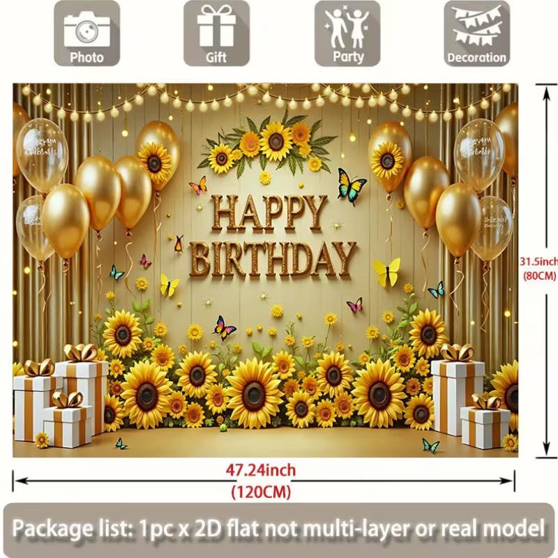 2D Sunflower and Gold Balloon Themed Birthday Backdrop Photo Background Banner