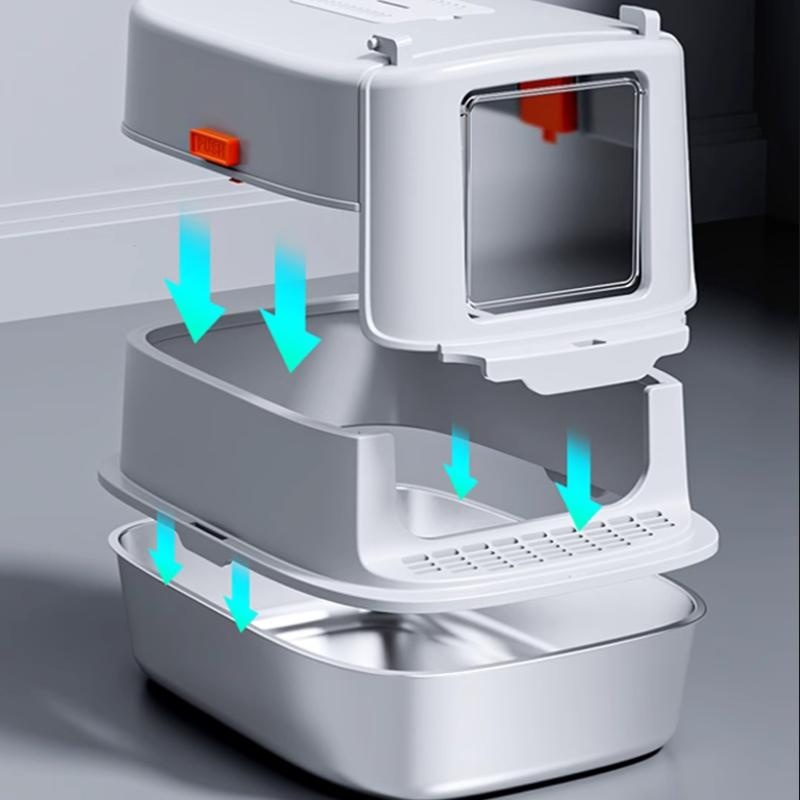 Fully Enclosed Cat Litter Box Stainless Steel Cat Toilet Odor Proof and Splash Proof Pet Bedpans Easy Lift Lid Cats Sandbox