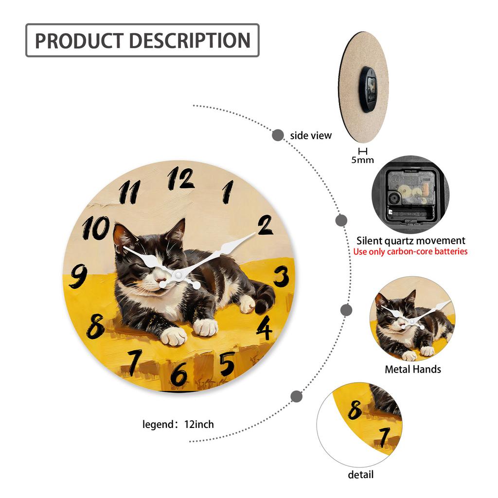 High-Quality Cat High-Quality Pattern High-Quality Wooden High-Quality Wall High-Quality Clock, 10-16Inch High-Quality Silent High-Quality Wall