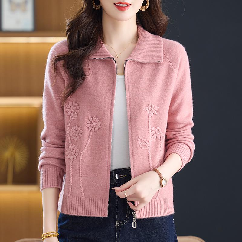 Women's Short Cardigan Sweater - 2025 Spring/Autumn Fashion, Loose Knitted Zipper Jacket for Moms
