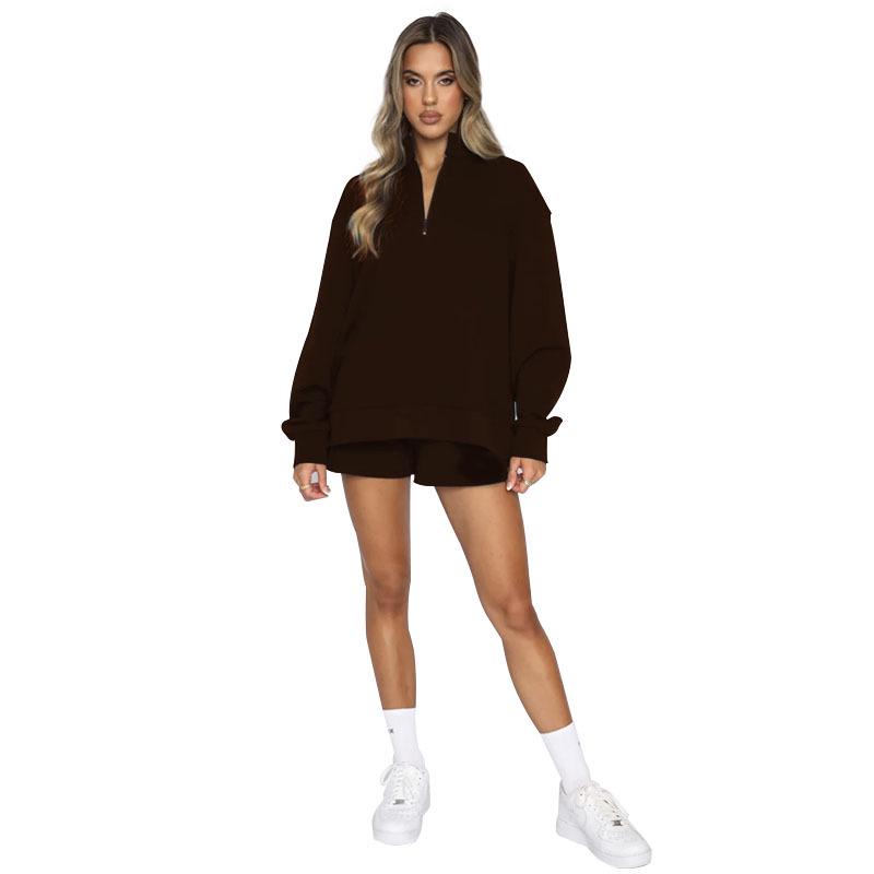 New Autumn-Winter Pure Color Stand Collar Zipper Pullover with Long Sleeves and Shorts: Women's Fashion Set