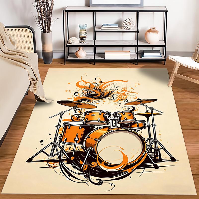Stylish Drum Set Design Carpet with Orange and Black Patterns, Music Decor Suitable for use as an anti-slip for living room bedroom sofas
