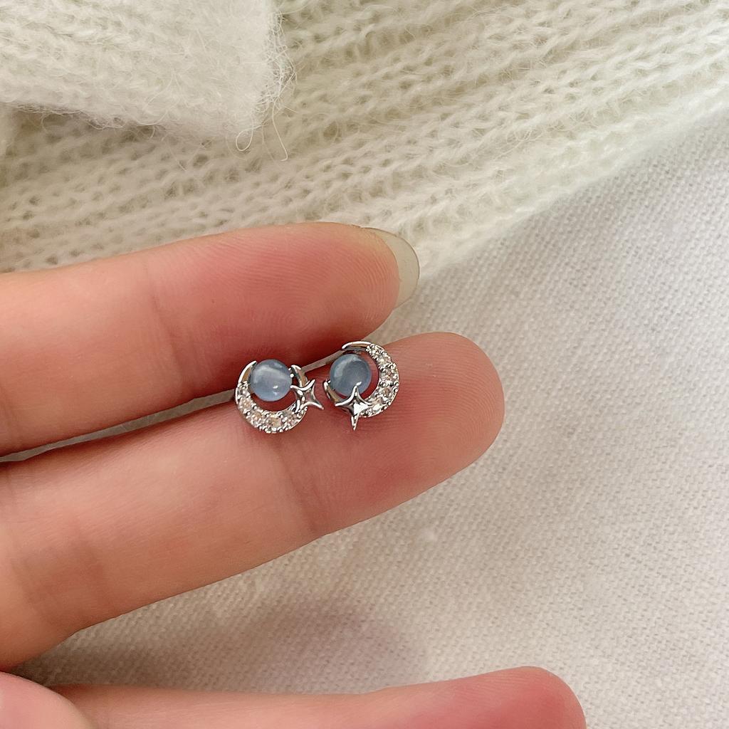 ANENJERY Blue Opal Starmoom Stud Earrings for Women Equisite All-Match Zircon Shiny Earrings Party Banquet Jewelry