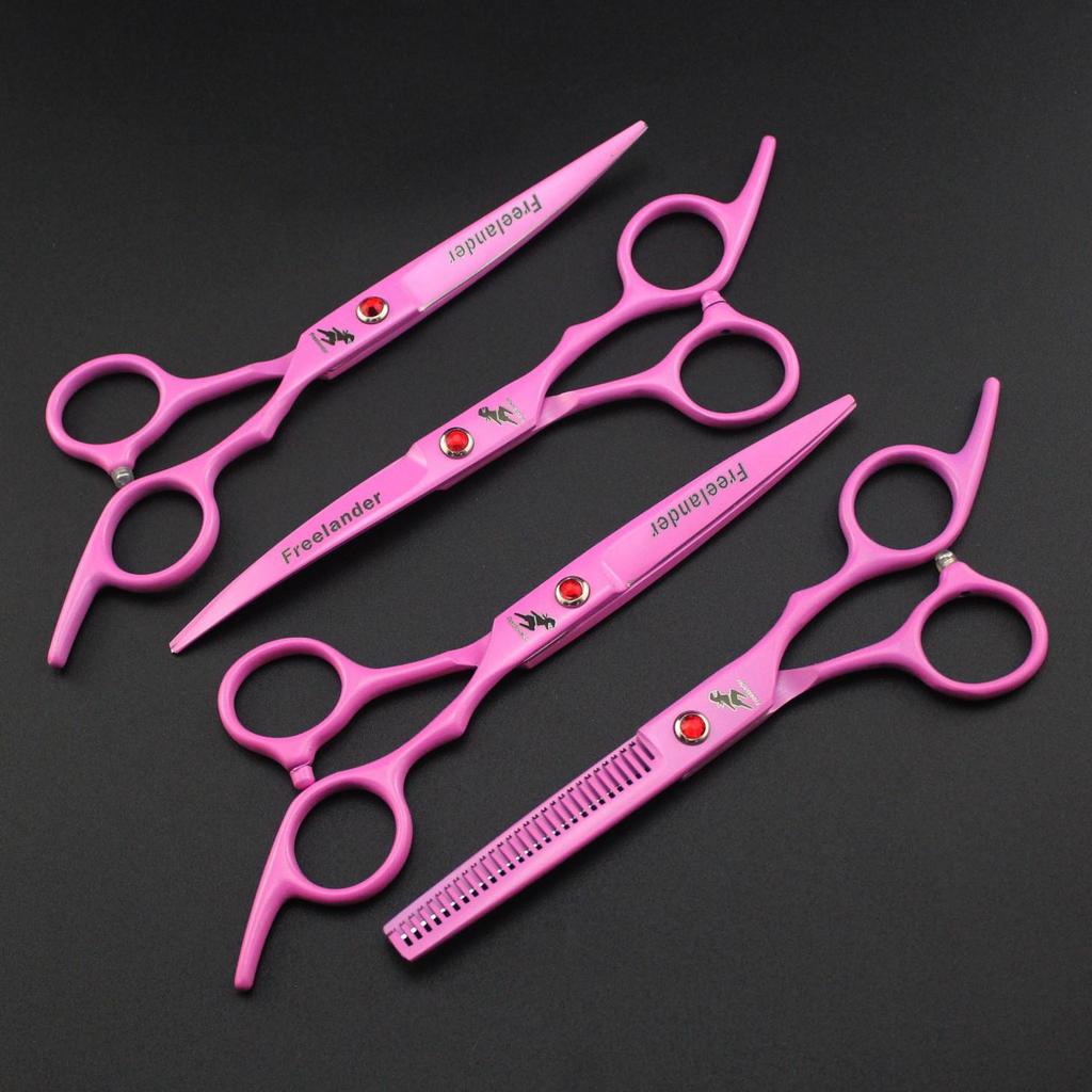 6.0" Pink Pathfinder Stainless Steel Grooming Scissors Set - 4 Pieces: Includes Straight & Curved Scissors.