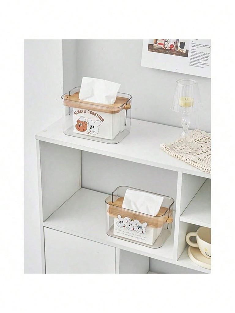 1pc Adjustable Tissue Box, Transparent Bamboo Toilet Paper Storage Box, Large Capacity Napkin Storage Box, Can Hold Various Size