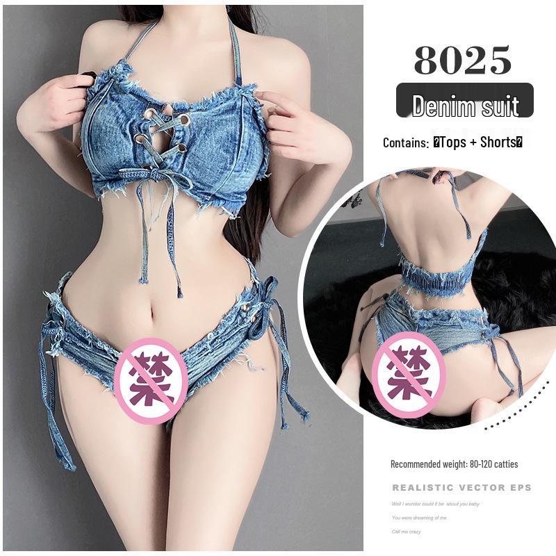 Linlin Ting Women's Low Waist Open Crotch Ripped Denim Lingerie Shorts - Sexy Nightclub Temptation Wear