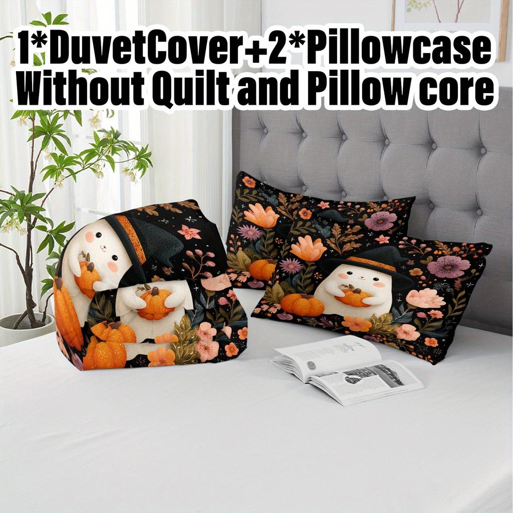 3pcs Halloween Pumpkin Monster Duvet Cover Set without Core, Quilt Cover with 2 PillowcasesSoft and Machine Washable