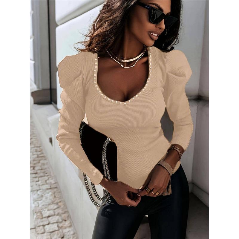 Women's Autumn and Winter New Solid Colour V-Neck Beading Bubble Sleeve Pit Stripe Top