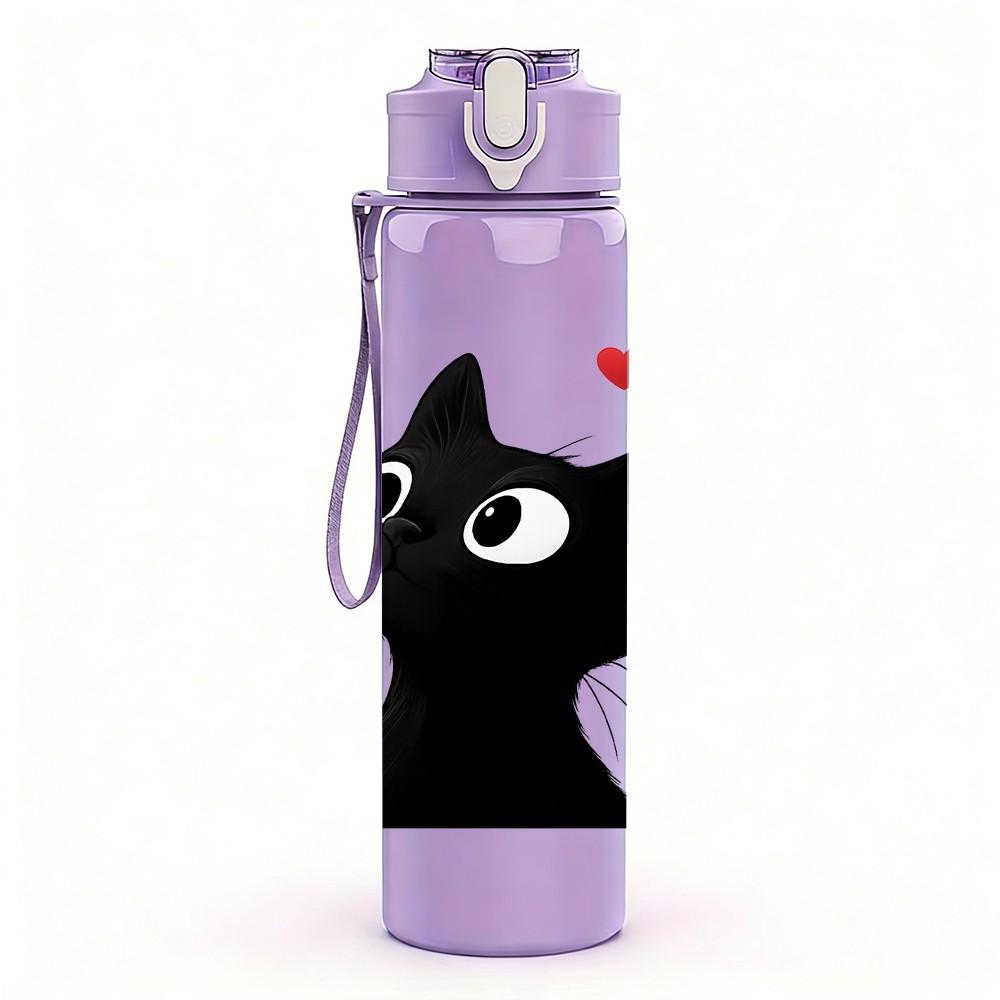 1PC Black Cat Red Heart Pattern 750ml Color Plastic Sports Water Bottle Leakproof Flip Straw Lid Suitable for Sports Office Home Use