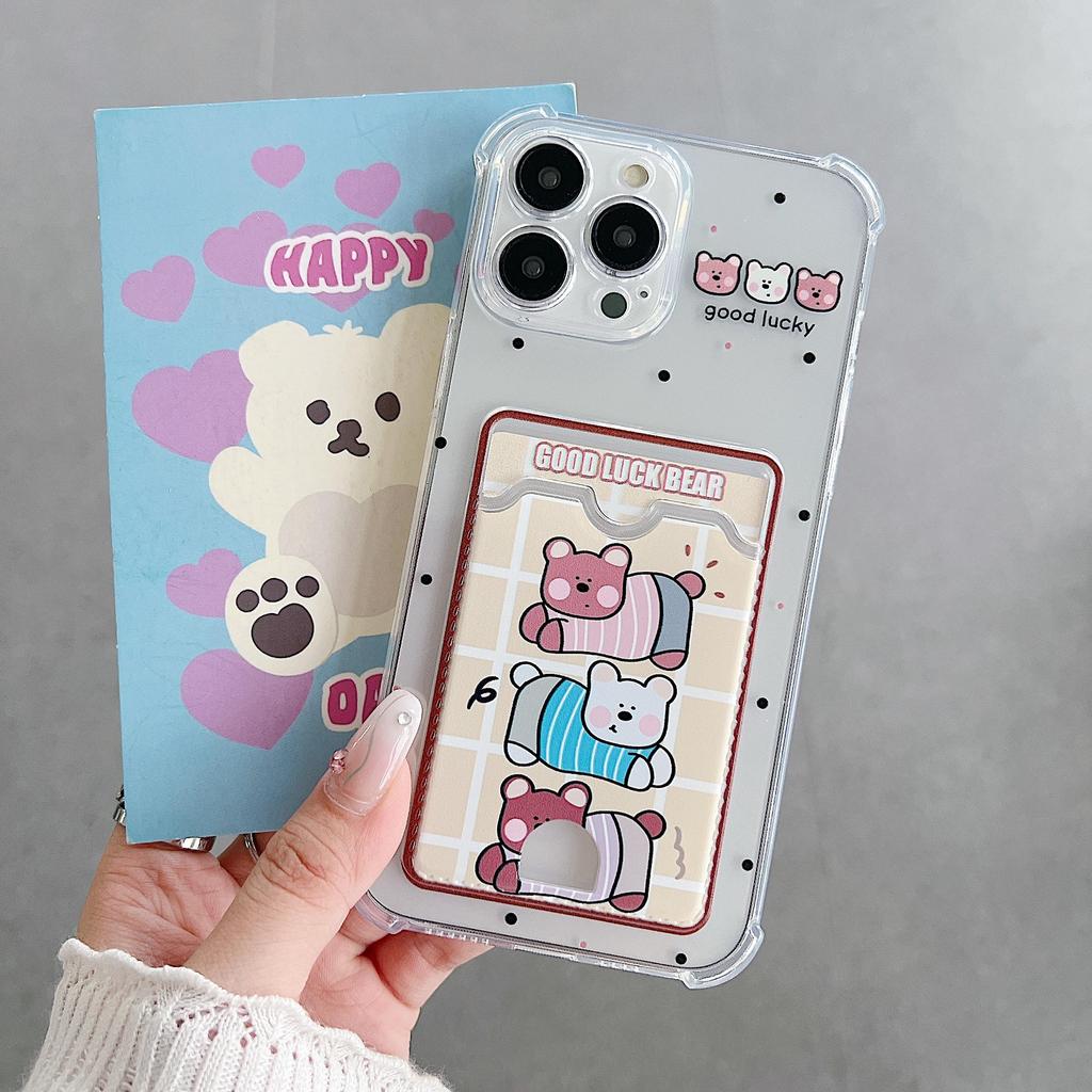 Card Slot Holder Silicone Wallet Pocket Case For Xiaomi Redmi Note 13 Pro Samsung A25 A35 Realme 10 Transparent Cover Shockproof Clear Full Protection