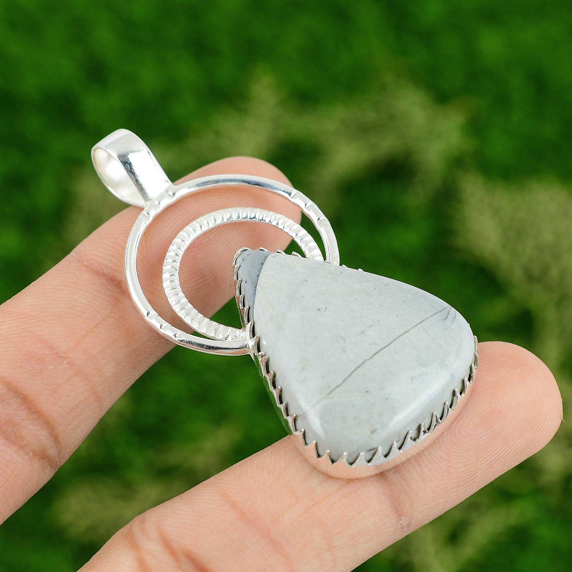 

925 Sterling Silver Trillion Gray Osolite Jasper Stone Engagement Mother Pendant