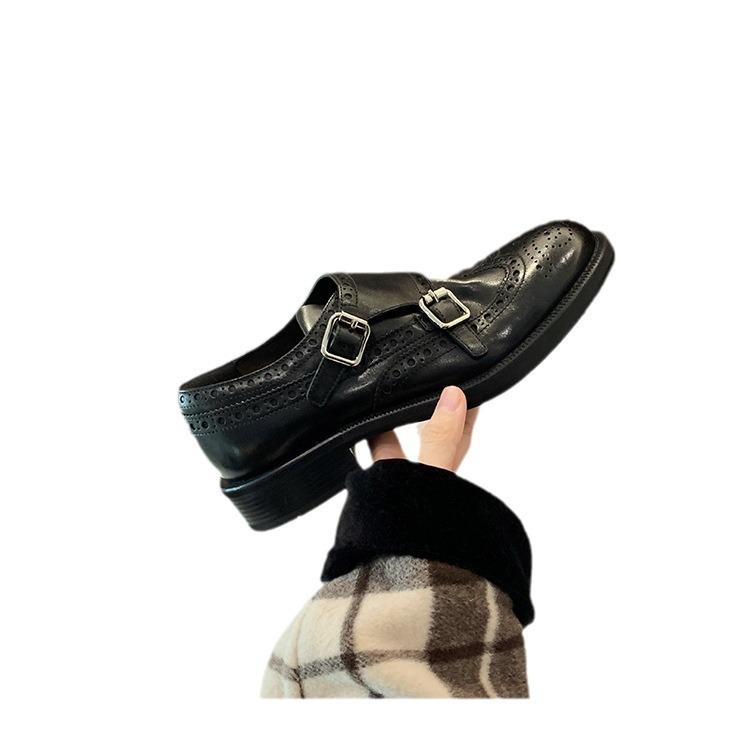 Strictly selected grape mother horse leather shrink pattern round head thick heel small leather shoes British style heightening effect loafers women's