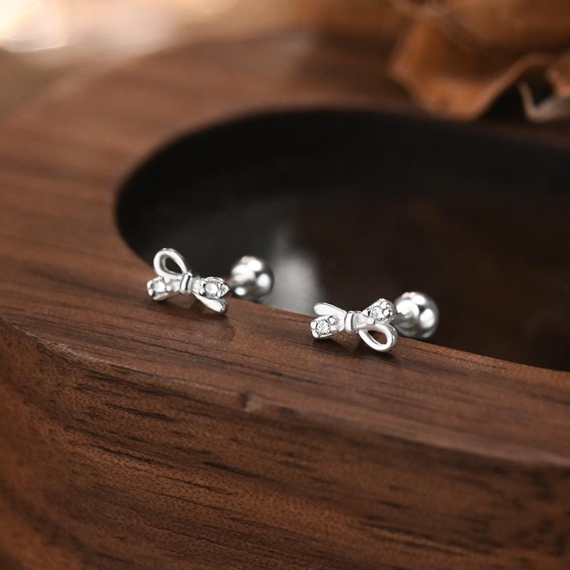 S999 Sterling Silver High-quality Bow Screws Earrings for Women Korean Fashion Small Simple Ear Accessories