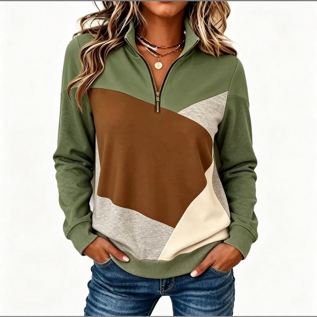 Women's Half-Zip Color Block Sweatshirt, Stand Collar Long Sleeve Geometric Pullover for Casual Wear