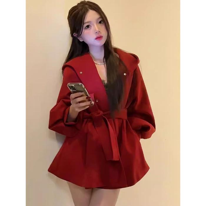 Women s High-End Red Woolen Hooded Coat - Winter New Year Edition S