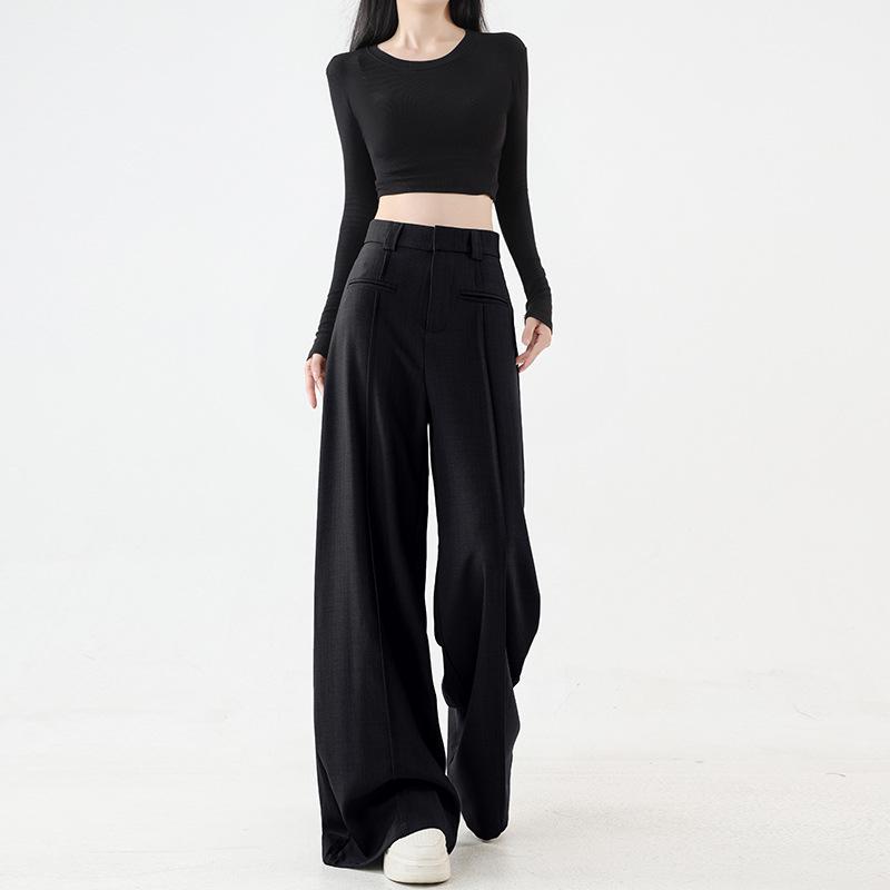 2025 High Waist Slim Straight Women's Floor-Length Drape Pants - Spring & Autumn Wide-Leg Suit Style.
