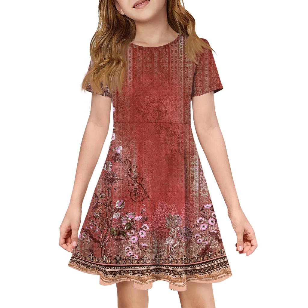 Girl Summer Dress Color & Print Short Sleeve Dress With Pocket Casual Dress Shorts Sleeve Party Dress Easter Day