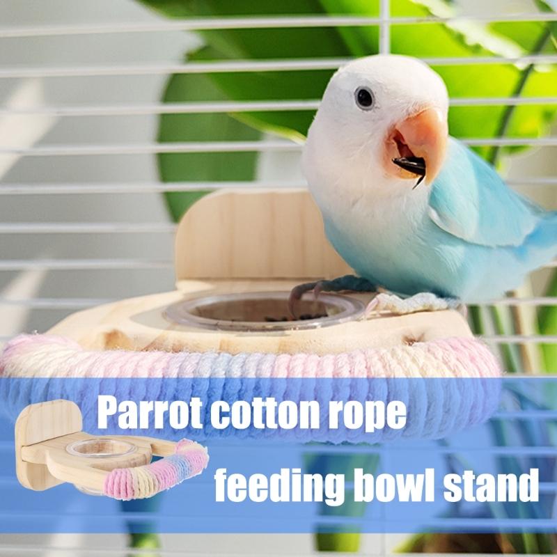 Natural Wood Parrot Stand Multifunctional Feeding Accessory Includes Feeding Bowl For Conures Lovebirds Finches