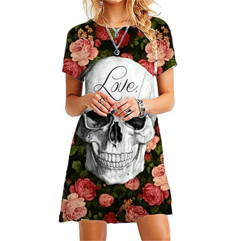 Halloween Women's Party Dress 3D Skeleton Rose Print Dress Summer Short Sleeved Oversized Clothing Women's Mini A-line Dress