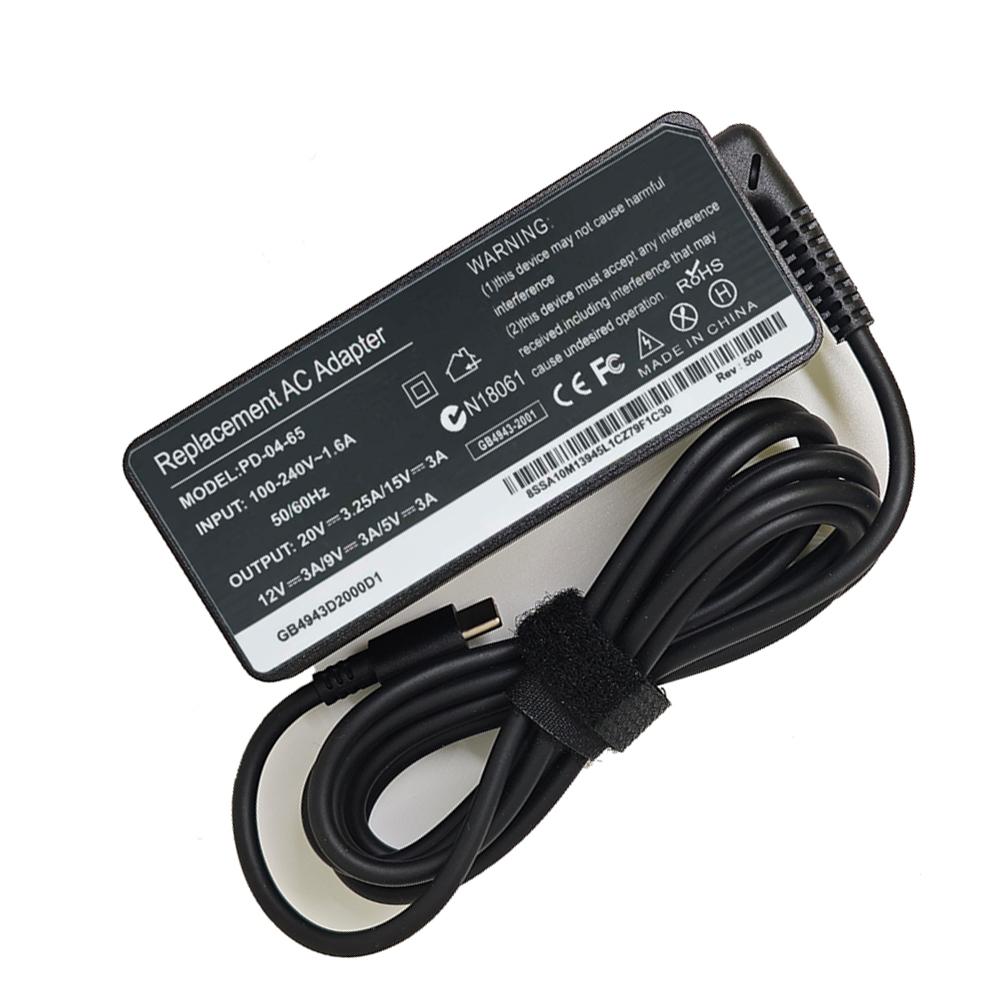 65W 20V 3.25A USB Type-C AC Laptop Power Adapter Charger For Thinkpad X1 Carbon Yoga X270 X280 T580 P51 P52s E480 E470
