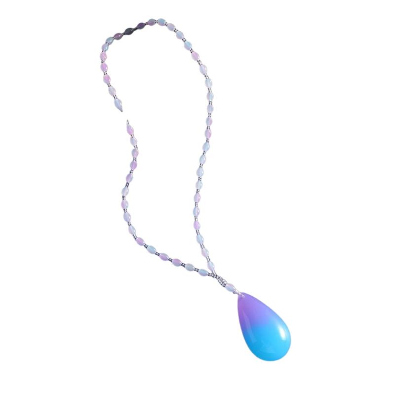 Amber Beeswax Gradient Purple-Blue Necklace Water Drop Flowers Pendent Necklace For Women Unisex Beaded Pendant Ornaments Gift