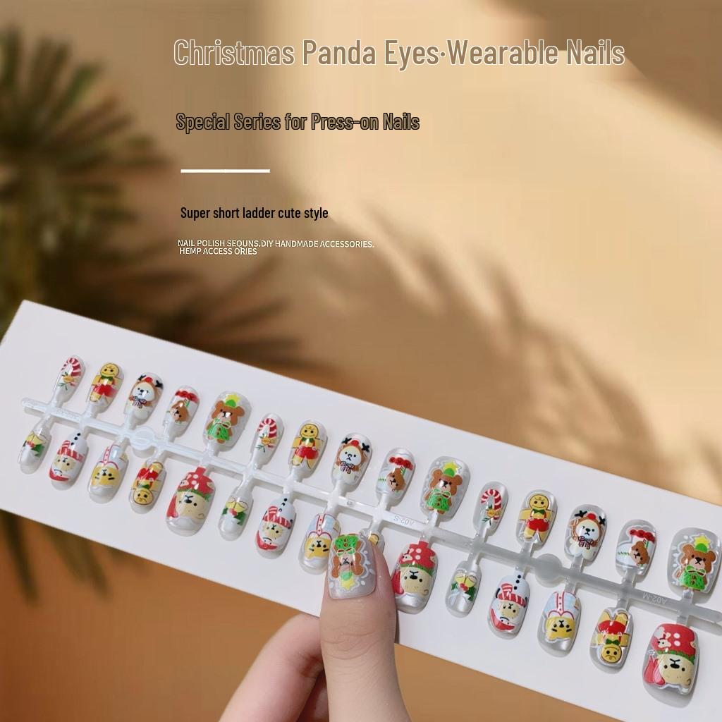Childlike Fun Christmas Panda Eyes Cartoon Fake Nails - Cute Wearable Finished Nail Art