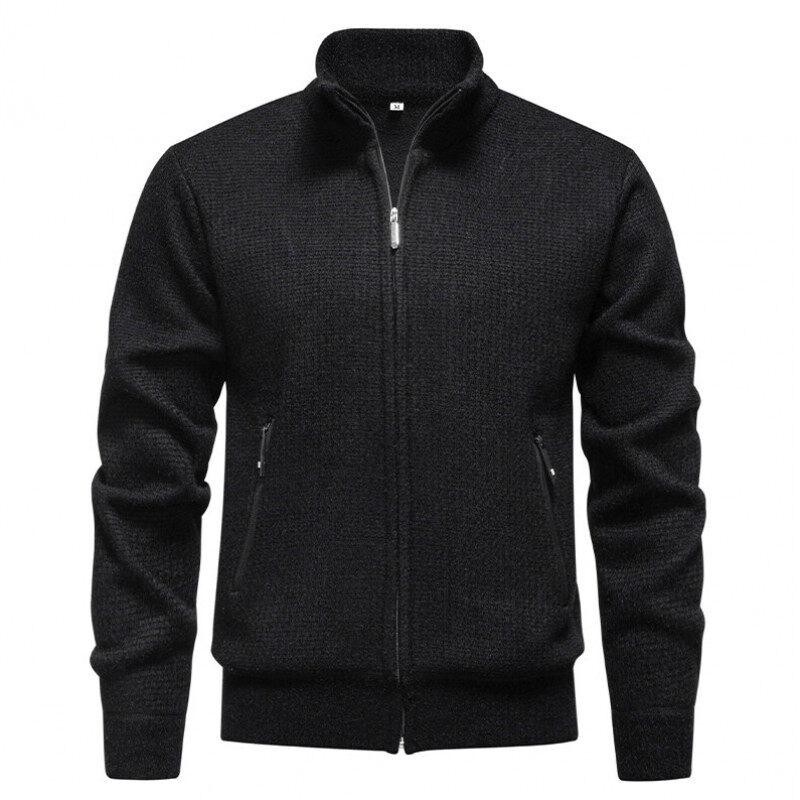 Мужской повседневный свитер-кардиган на осень-зиму 2025 года, однотонный, с воротником-стойкой, мужское вязаное теплое кардиган на молнии 3XL чёрный