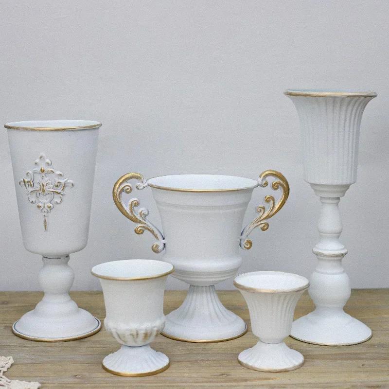 European White Iron Art Vase Florist Tall Cup Shape Flower Vase Arrangement Ornament Hotel Banquet Party Desktop Decoration