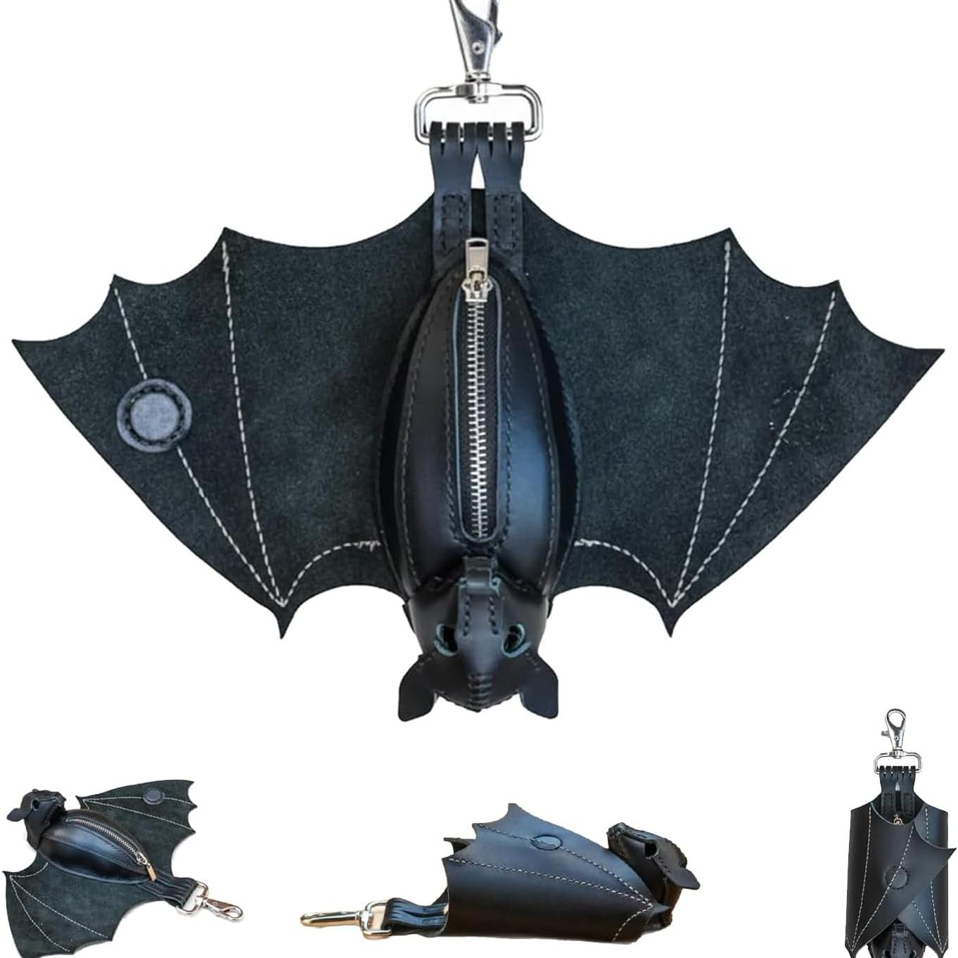

Leather Bat Coin Purse Hand-Sewn Gothic Zippered Keychain Wallet with Wings Upside-Down Hanging Pouch for Bags & Belts чорний