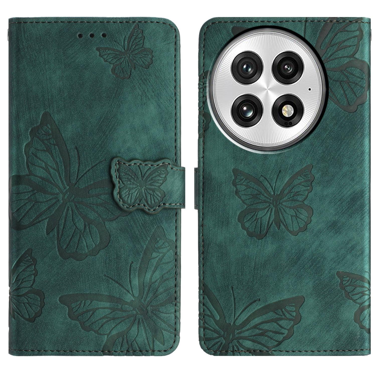 

For OnePlus 13 Case Butterfly Design Flip Wallet Leather Phone Cover Skin-Touch Green
